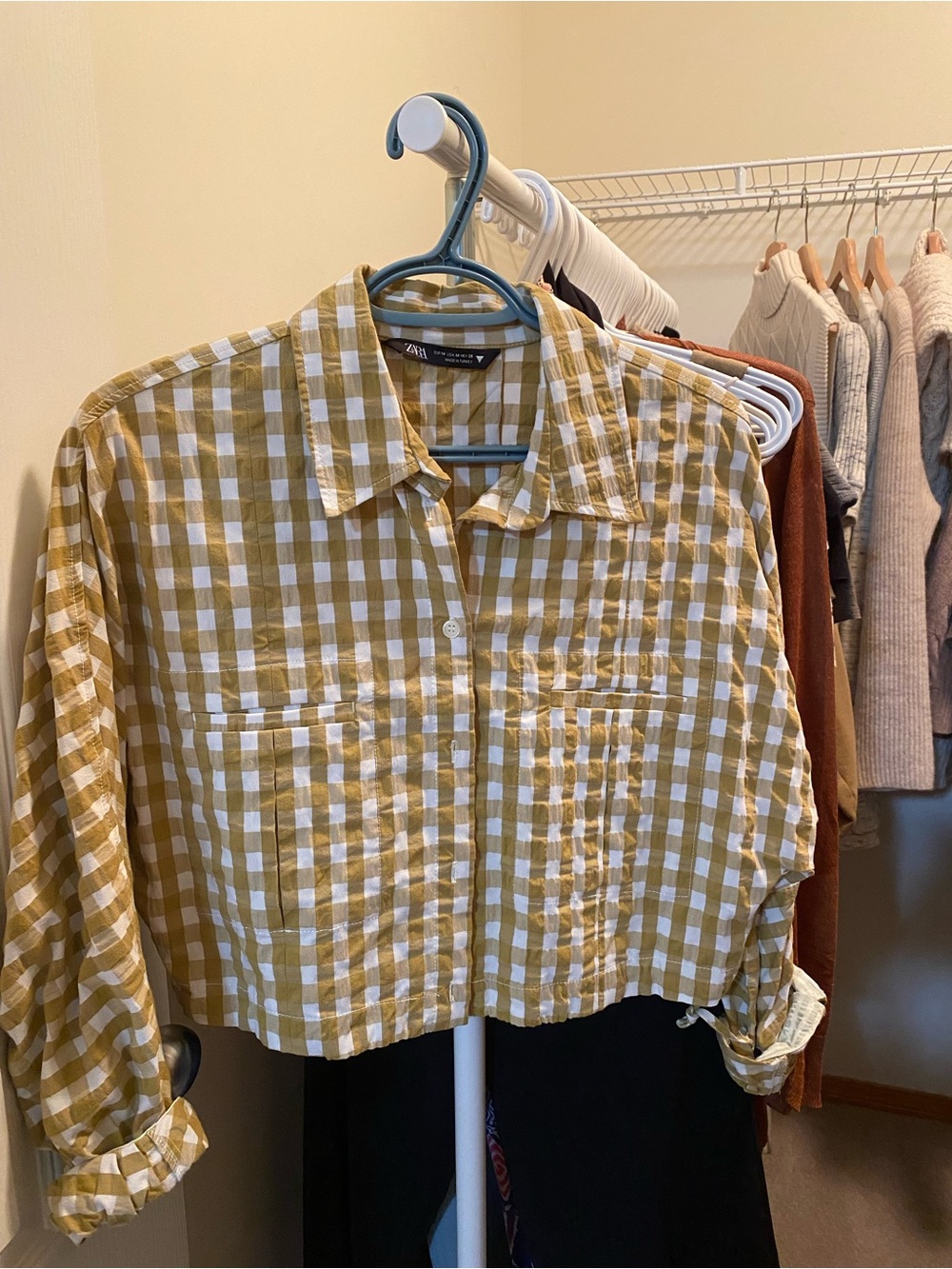 Zara Mustard and White Gingham Crop Button-Down Shirt